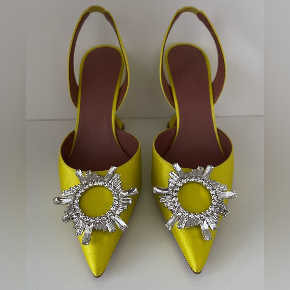 Amina Muaddi Crystal Begum Satin Sling Back Heels Lemon Yellow size 9 US / 39 EU